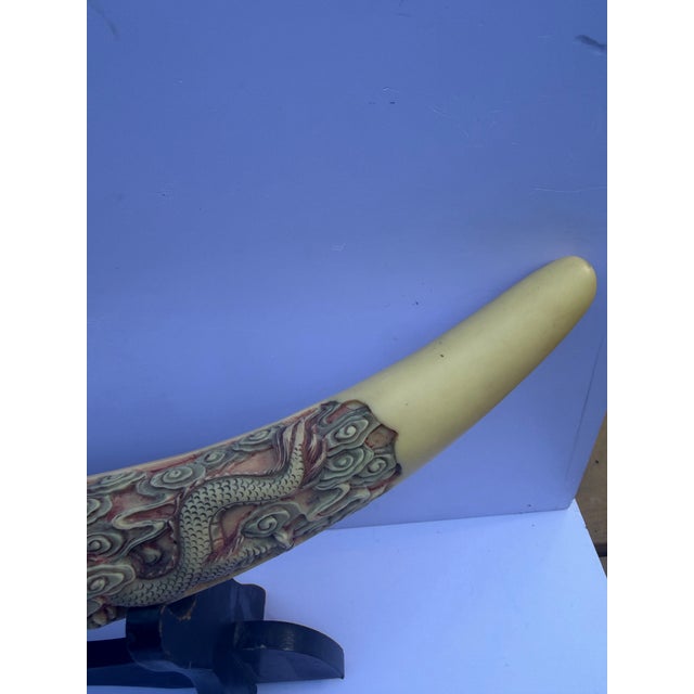 Vintage Mid-Century Chinoiserie Faux Ivory Carved Resin Dragon Tusk 23” Long Statement Piece For Sale - Image 10 of 12