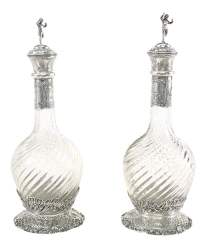 Mid 19th Century German Silver Mounted / Cut Glass Claret Jugs - a Pair