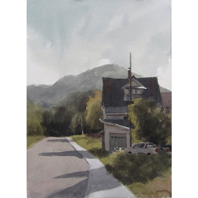 This Way to the Mountains by Mo Myra | Varnished Watercolor on paper depicting a house with mountains. For Sale