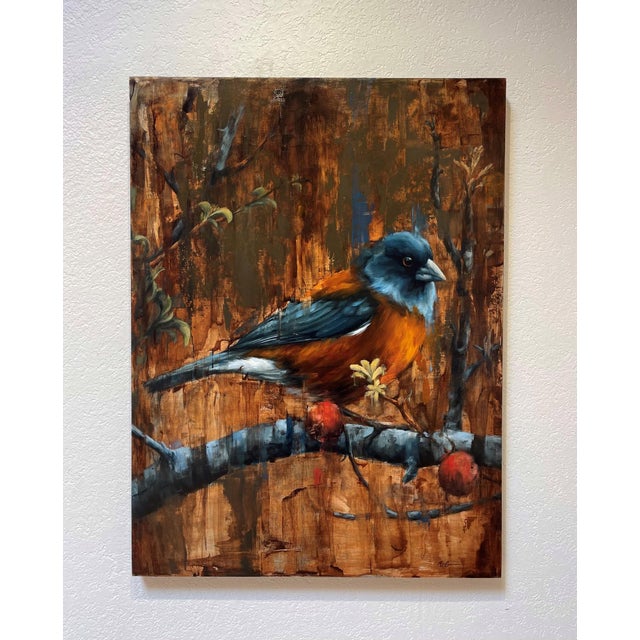 Break From Flight by Morgan Cameron | Oil on panel Bird perched on a branch with autumn foliage. For Sale - Image 4 of 5