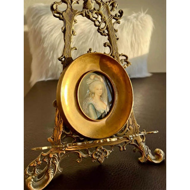 Wood Italian Miniature Oval Gilded Wooden Framed Antique Signed Painting Portrait of Marie Antoinette or a Royal Lady For Sale - Image 7 of 15