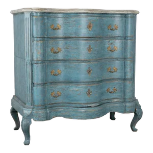 Tall Blue Rococo Oak Chest of Four Drawers From Denmark, Circa 1770-80