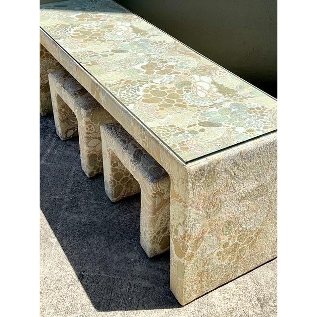 Vintage 80s Upholstered Console and Stools After Jack Lenor Larsen For Sale In West Palm - Image 6 of 12