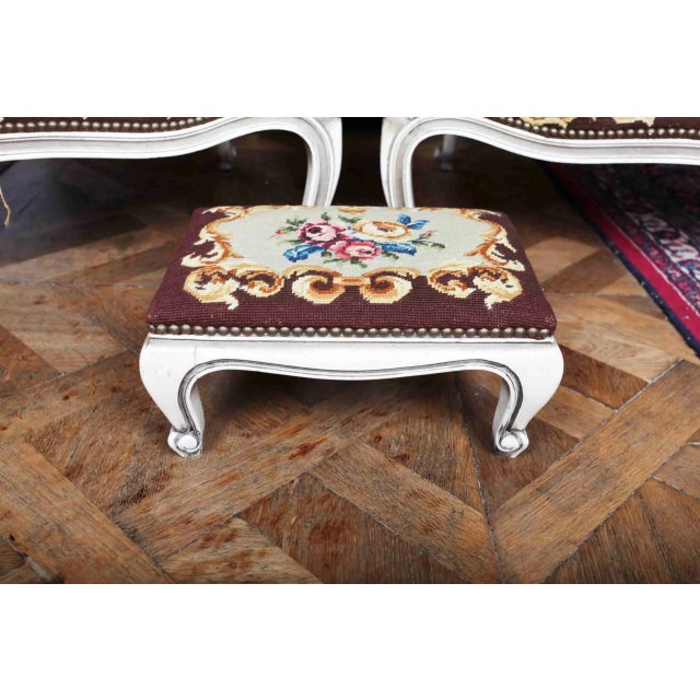 Wood Louis XV High-Backed Armchairs and Ottoman, Set of 3 For Sale - Image 7 of 9