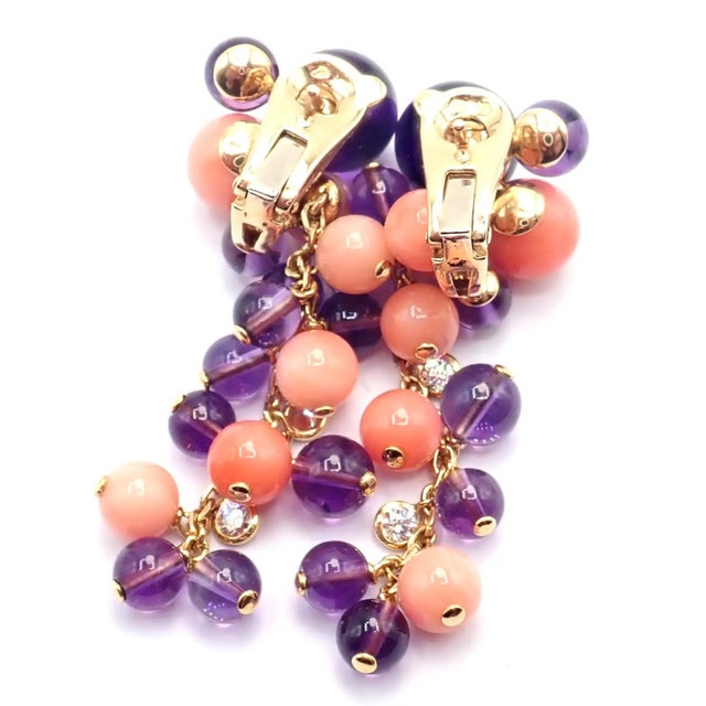 1980s Pair of Cartier Rose Gold Coral Amethyst Diamond Delices De Goa Earrings For Sale - Image 14 of 17