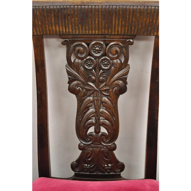 Antique Edwardian Floral Carved Mahogany Red Mohair Dining Chairs - Set of 4 For Sale - Image 4 of 11
