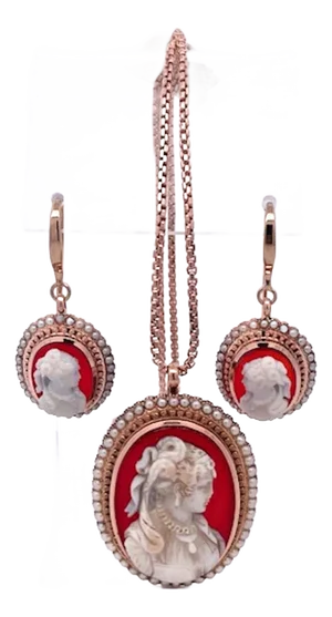 Antique Cameo Set Earrings Pendant 14k Rose Gold, 3 Pieces