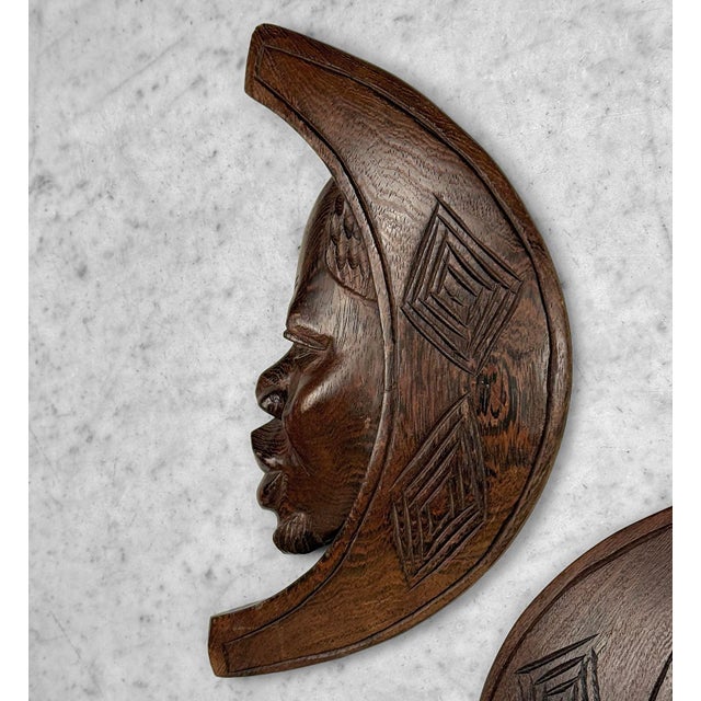 Brown Vintage African Tribal Carved Crescent Moon Man & Women Wall Sculptures - A Pair For Sale - Image 8 of 10