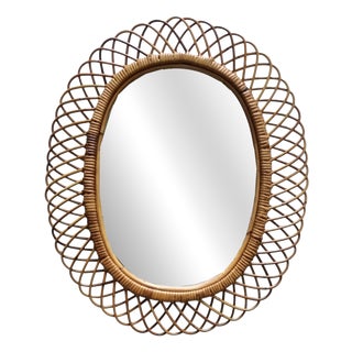 Oval Rattan and Bamboo Wall Mirror attributed to Franco Albini, 1960s For Sale