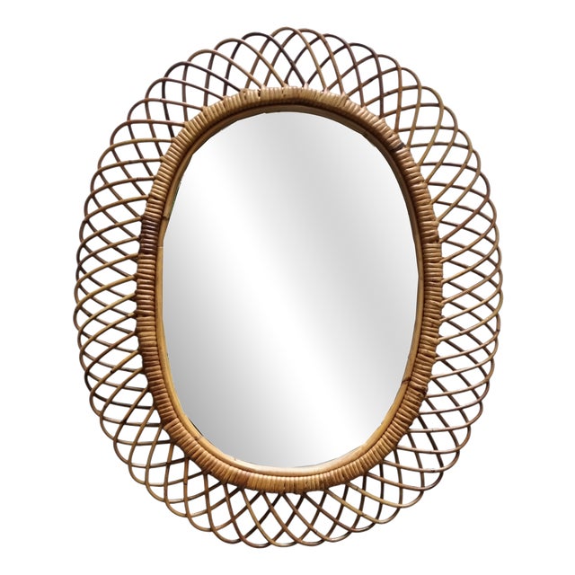 Oval Rattan and Bamboo Wall Mirror attributed to Franco Albini, 1960s For Sale