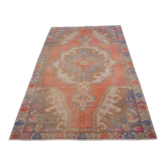 Distressed Low Pile Turkish Rug Vintage Area Rug - 4'3" X 7'10" For Sale