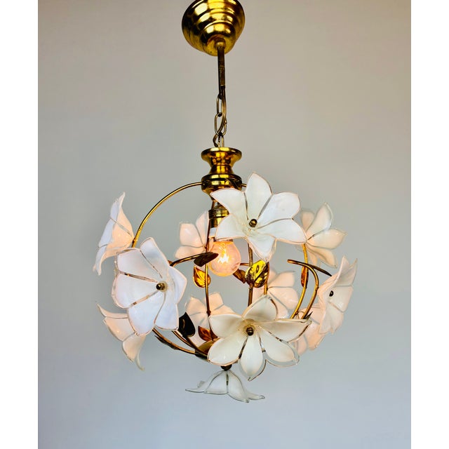 Vintage Murano Style White Floral Globe Chandelier - Brass Finish For Sale - Image 15 of 15