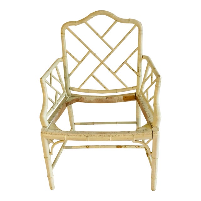 Vintage English Chinese Chippendale White Painted Arm Chair Classic Arm Chair in the English Chinese Style For Sale