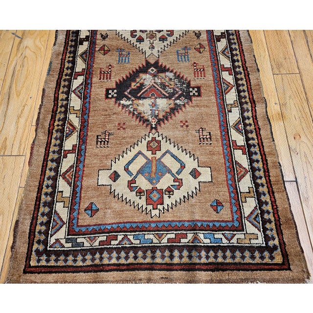 Antique 19th C. Kurdish Runner Rug, Hand-Knotted Wool, Geometric Pattern, 4x10, Camelhair & Ivory For Sale - Image 16 of 18