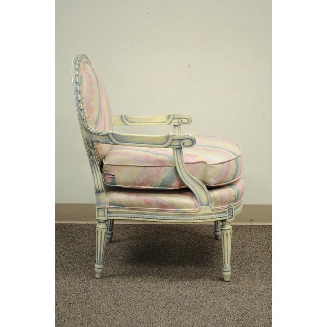 Vintage French Louis XVI Pink Blue Carved Bergere Boudoir Lounge Arm Chair For Sale - Image 4 of 12