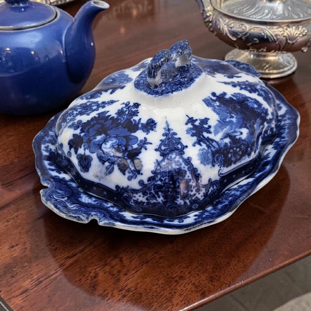 A scarce antique W. Adams & Co. Fairy Villas Flow Blue covered serving dish produced in Staffordshire, England during the...