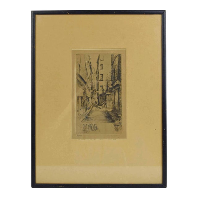 Early 20th Century White and Black European Street Scene Sketch Style Etching Print Paul Jeffrey For Sale