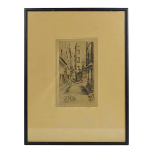 Early 20th Century White and Black European Street Scene Sketch Style Etching Print Paul Jeffrey