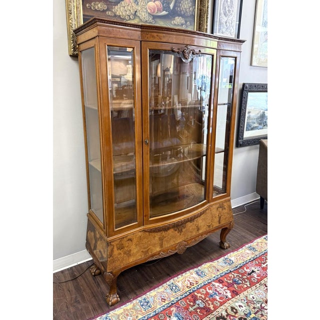 French Vintage Burled Walnut Bowfront Curio China Cabinet For Sale - Image 3 of 13