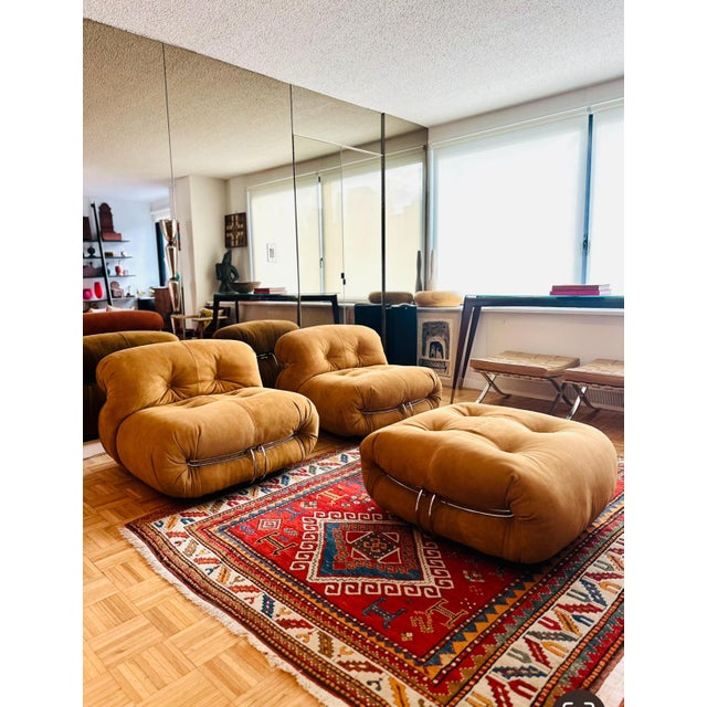 Authentic Vintage 1970s Cassina Soriana lounge chairs and ottoman set, newly upholstered with the most luxurious high...