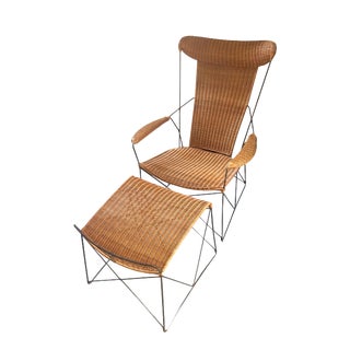 1960s John Risley Style Woven Rattan and Metal Chair and Ottoman For Sale