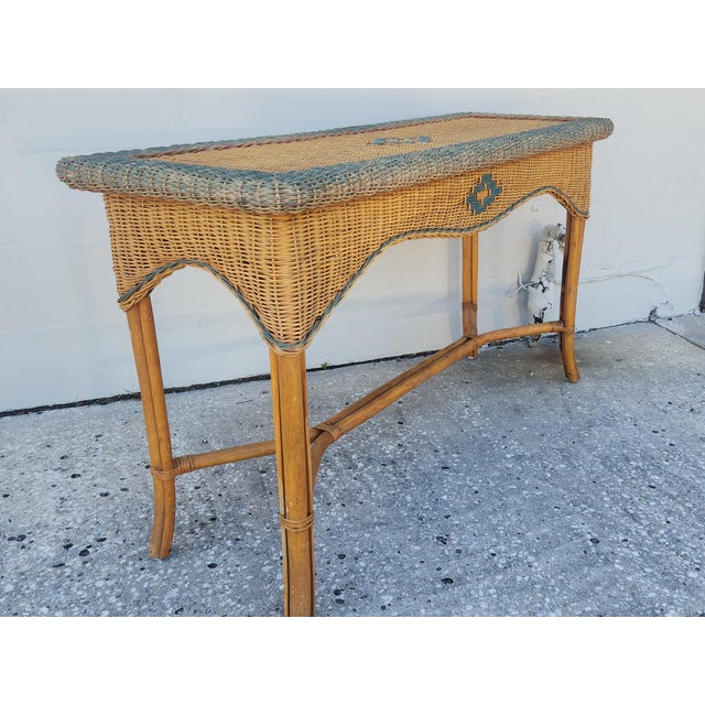 Victorian Vintage Wicker Console Table Beautiful Diamond Design Moss Green Paint For Sale - Image 3 of 11