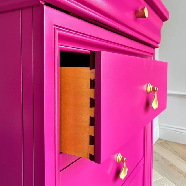 1980s Thomasville Impressions Pink Lingerie Chest | Hot Pink Tall Dresser | Hollywood Regency Chest | Glam Bedroom Storage | Wallpaper Drawers For Sale - Image 9 of 11