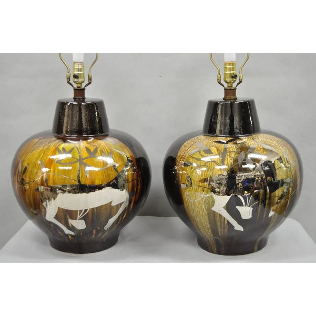 Mid-Century Modern Mid Century Modern Sunset Cosco Ram Brown Drip Glaze Pottery Table Lamps Pair B For Sale - Image 3 of 12