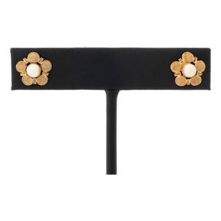 Floriform Cultured Pearl and Yellow Gold Earrings For Sale