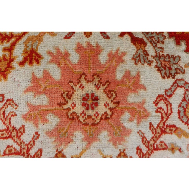Antique Turkish Oushak With Elegant Motifs in Red, Ivory, Gold and Salmon Pink 7 X 9'8 For Sale - Image 13 of 15