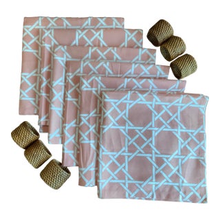 Pier 1 Coral / Pink Lattice Dinner Napkins & Rattan Rings - Set of 6 for Coastal, Chinoiserie, Palm Beach Regency & Britches Colonial Decor. See Pics! For Sale