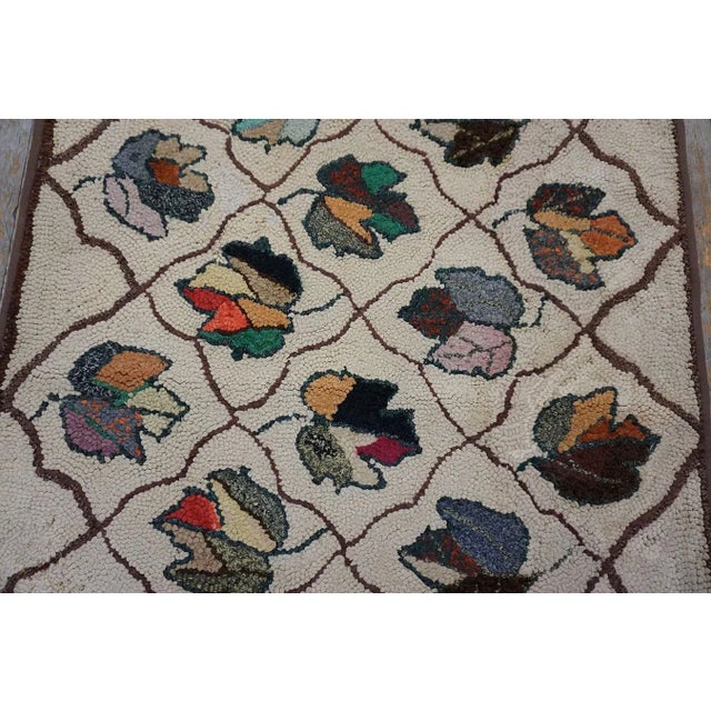 Brown 1920s Tan Beige Symmetrical Floral Folk Art Antique American Hooked Rug For Sale - Image 8 of 11