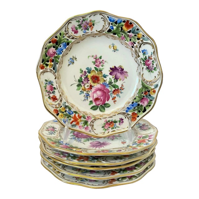 Early 20th Century 6 Carl Thieme Dresden Floral Reticulated Salad Dessert Plates 73/4” Hand Painted For Sale