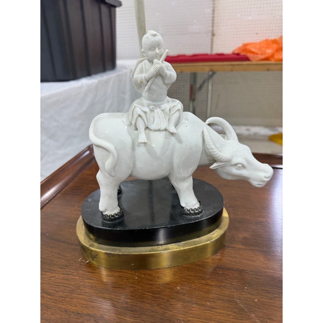 Figurative 1920s Blanc De Chine Porcelain Figurine Lamps of a Boy and a Water Buffalo Pair For Sale - Image 3 of 6