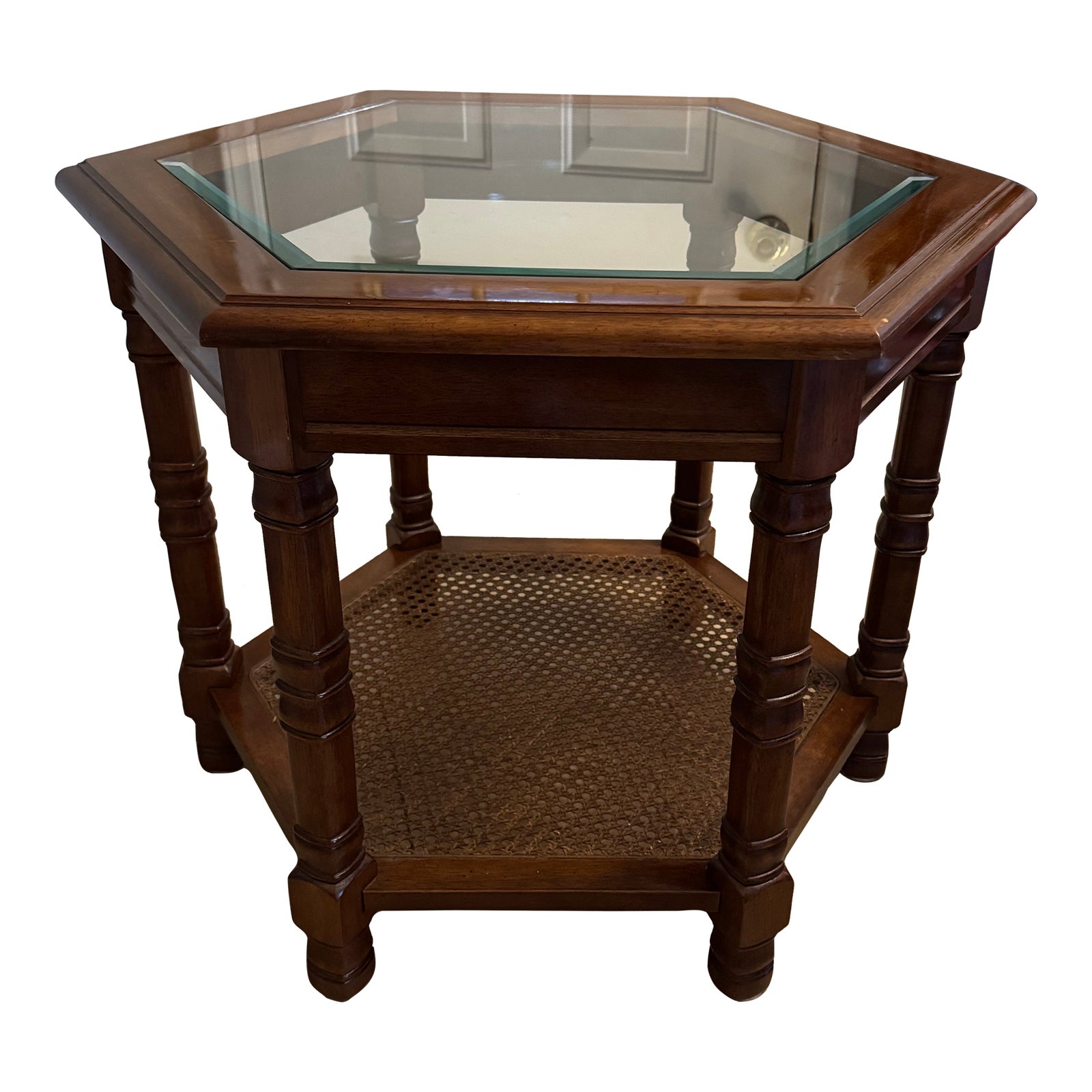 1970s Vintage Mid-Century Hexagon Glass-Top Side Table With Cane Shelf ...