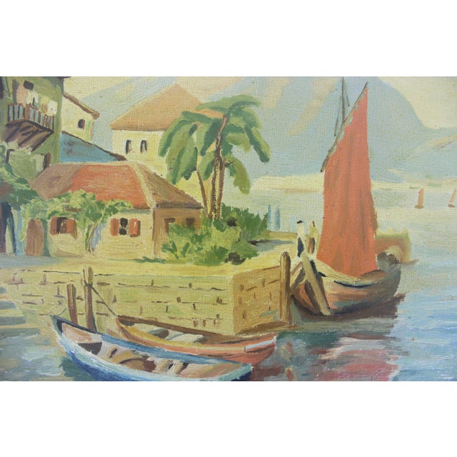 Signed Vintage Painting, Marina Sailboats, Mid-Century Nautical Art Fishing Boat For Sale - Image 10 of 10