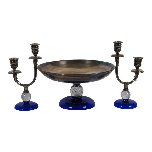 Antique 3 Piece Pairpoint Cobalt Glass & Silver Plate Compote Candlesticks Console Set For Sale