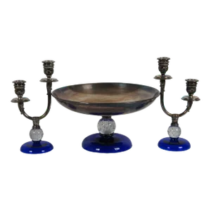 Antique 3 Piece Pairpoint Cobalt Glass & Silver Plate Compote Candlesticks Console Set