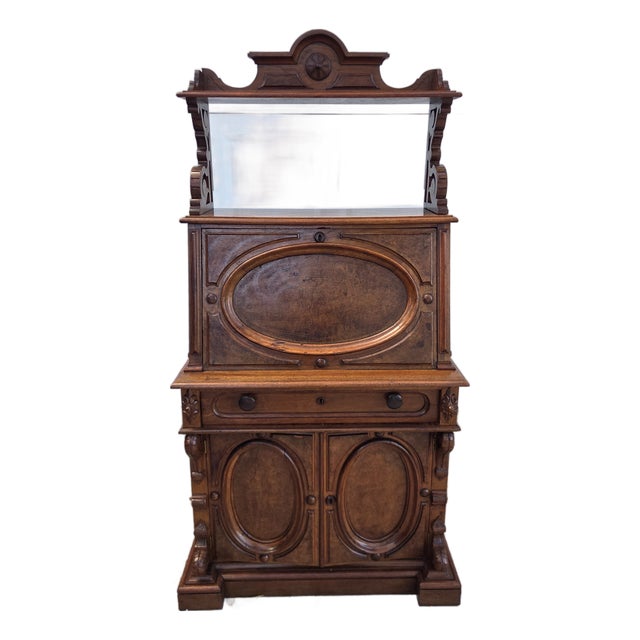 Late 19th Century Victorian Eastlake Burl Wood Fall Front Secretary Desk Bookcase For Sale