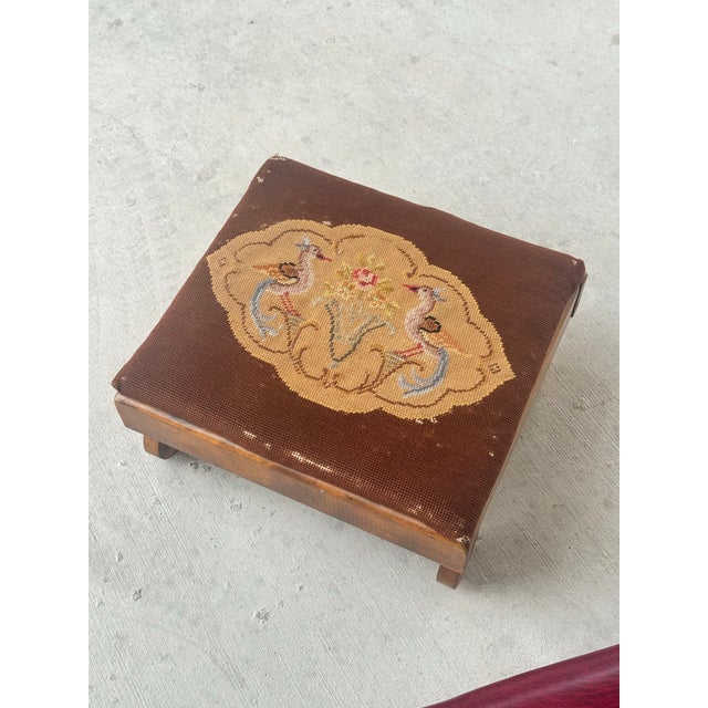 Wood Antique Needlepoint Low Footstool / Ottoman on Wooden Base For Sale - Image 7 of 7
