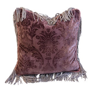 Lavender French Silk Velvet Floral Botanical Feather/Down Pillow W/ Fringe 23” Square For Sale