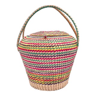 Vintage Rainbow Seagrass Woven Basket: Extra Large Storage, Snake Charmer Basket For Sale