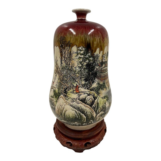 Vintage Chinese Hand-Crafted Porcelain Landscape Vase For Sale