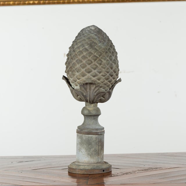 Gray French Turn of the Century 1900s Zinc Pinecone Fragment with Acanthus Leaves For Sale - Image 8 of 12