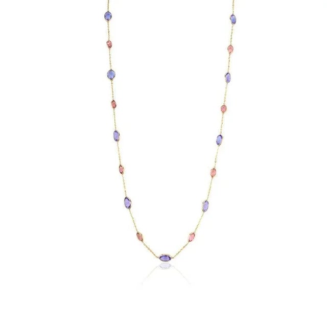 Gold Unique Tanzanite and Tourmaline Station Necklace Crafted in 18k Yellow Gold For Sale - Image 8 of 13