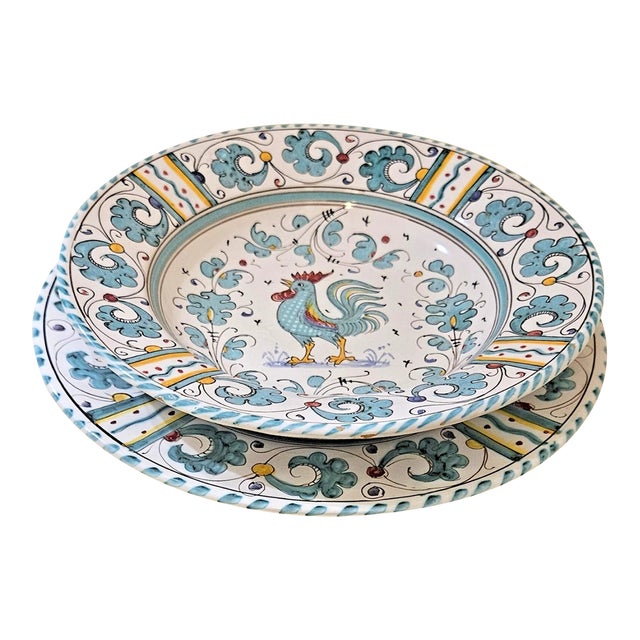 Vintage Peasant Valley Italian Pottery Green Rooster Plate 10" / 9" Bowl For Sale