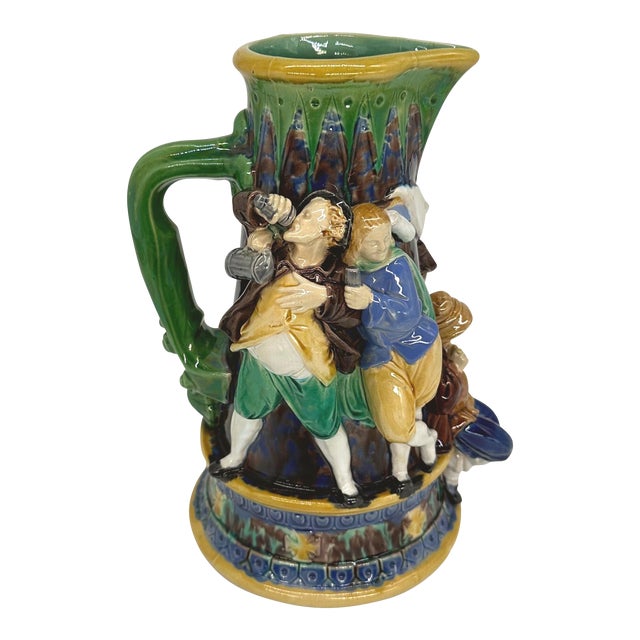 A Minton Majolica Ale Jug With Five Revelers in Medieval Dress, Dated 1862 For Sale