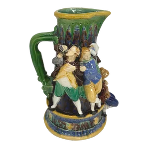 A Minton Majolica Ale Jug With Five Revelers in Medieval Dress, Dated 1862