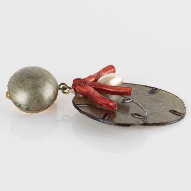 Cilea Paris Floral Resin Dangle Clip Earrings Coral and Taupe Lunaria For Sale In Atlanta - Image 6 of 8