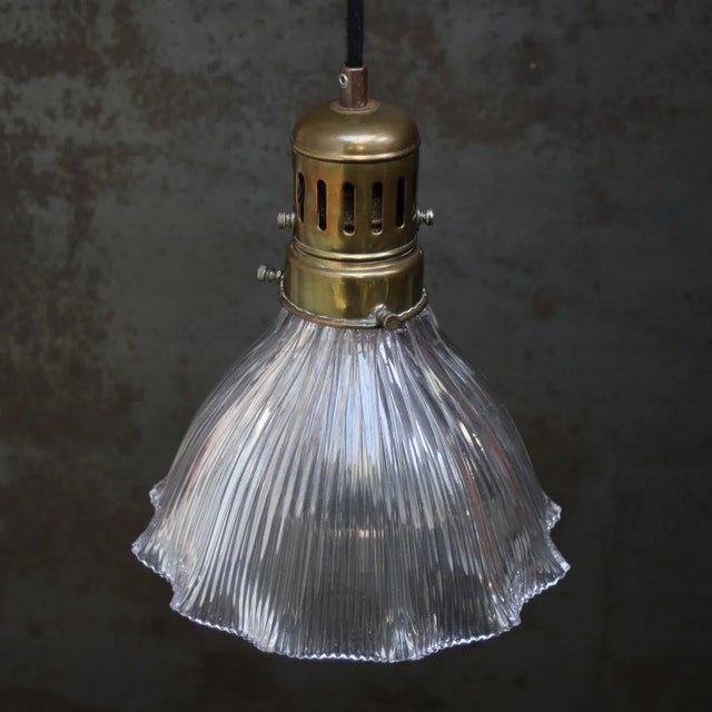 Vintage Glass and Brass Pendant Light from Holophane For Sale - Image 5 of 7